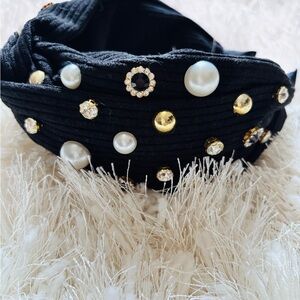 Elegant Black and Gold Embellished Corduroy Headband
